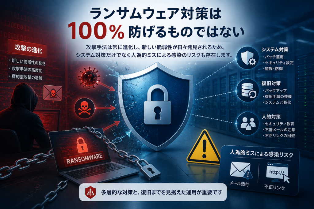 ランサムウェア対策は100%防げるものではない